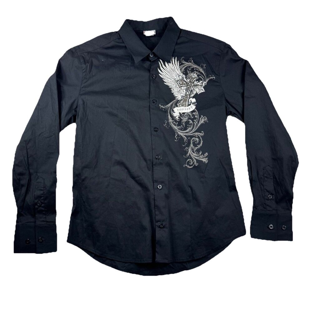 VTG Bizzo Men's Black Rhinestone Graphic  Button down Shirt Made in USA Size XL*